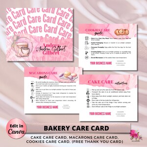 BAKERY Care Card, Editable Canva Template, Wedding Macarons Care Cards, Printable Care Guide, Cake Cookies Instructions , Instant Download