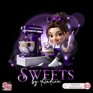 Süßigkeitenbäckerei-Logo, braunes Haar, Kuchen, Backen, Mädchen-Logo, Kuchen-Catering, Konditorei-Logo, Cupcake-Business, bearbeitbare Canva-Kuchen-Logo-Vorlage