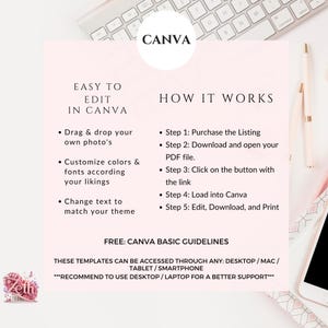 K&ouml;nnte beinhalten: Ein rosa-wei&szlig;es Canva-Vorlagenhandbuch mit Anweisungen. Der Text enth&auml;lt "Einfach in Canva zu bearbeiten" und "So funktioniert es" mit Schritten. Eine Tastatur, ein Stift und ein Telefon befinden sich im Hintergrund.