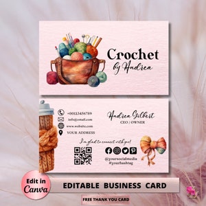 Crochet Modern Editable Business Card Template, Business Card, DIY Business Card Crochet Feminine Card Canva Template Add your Logo