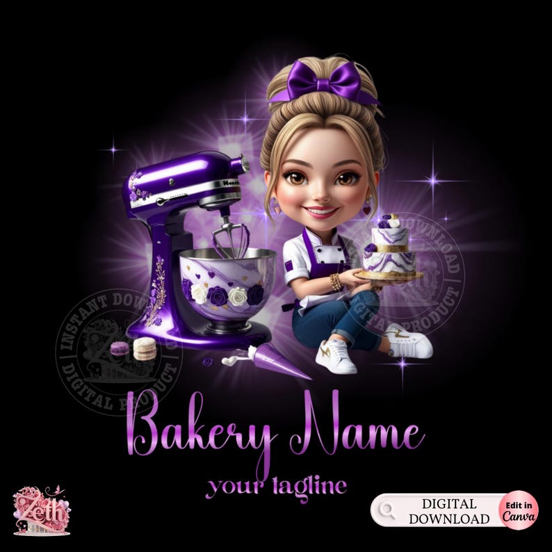 K&ouml;nnte beinhalten: Digitalillustration mit einer Cartoon-B&auml;ckerin mit einem lila K&uuml;chenmixer und einem Kuchen. Die B&auml;ckerin h&auml;lt einen kleinen Kuchen. Das Bild enth&auml;lt den Text "Bakery Name" und "your tagline".