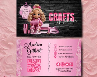 Pink Crafting Business Card Design, Crafter Logo T-shirt Business Card, Heat Press Card, DIY Business Card, T-shirt Tumbler Maker Card Canva