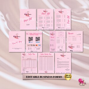 May include: Pink and white business forms with the text "Price List", "Scan to Pay", "Order Form", "Order Tracker Form", and "Invoice". The forms are designed for a bakery or dessert shop and include a logo with a pink and white cupcake.