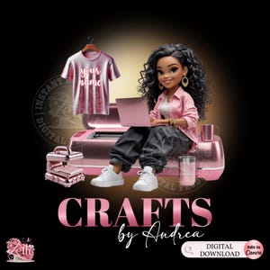 Könnte beinhalten: Digitale Illustration einer Frau mit lockigem Haar, einem rosa Hemd und einem Laptop. Ein rosa T-Shirt mit dem Text "your name" hängt in der Nähe. Das Bild enthält eine rosa Bastelmaschine, eine Tasse und den Text "CRAFTS by Andrea".