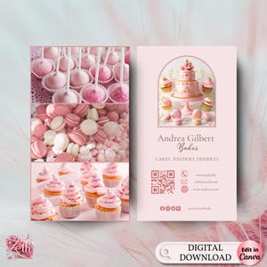 Vertical Pink Bakery Business Card Template, DIY Business Card, Editable Printable Business Card Design, Pink Cake Business Card Canva Edit