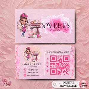 Chibi Girl Baker Bakery Business Card Template, Pink DIY Custom Cake Business Card, Editable Printable Business Card Design Cake Treats Card