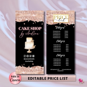 Black Editable Price List Template, Printable Business Pricing Template, Modern Bakery Wedding Cake Price List Template Custom Cake Business