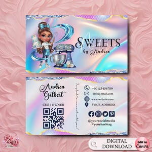 Chibi Girl Bäckerei Visitenkartenvorlage, DIY benutzerdefinierte Visitenkarte, bearbeitbares druckbares Visitenkartendesign, rosa Kuchen behandelt Bäckerei Karte