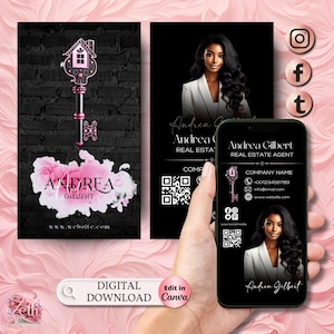 May include: Black and pink business card with a key and house design. The card has a QR code, contact information, and the text "Andrea Gilbert, Real Estate Agent".