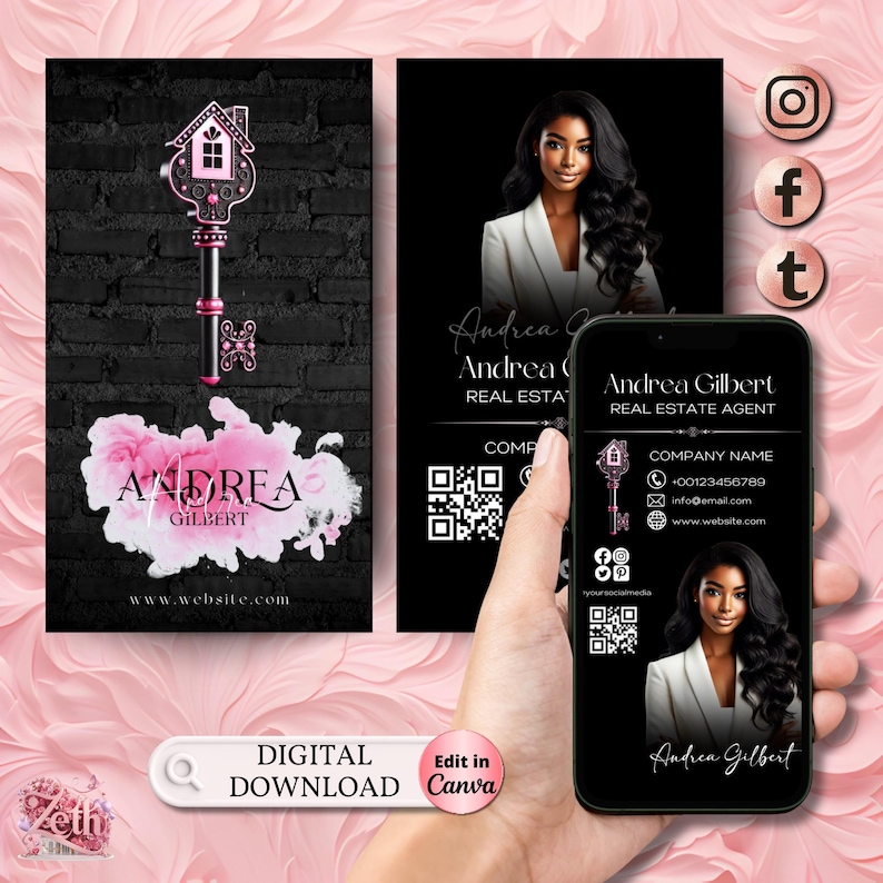May include: Black and pink business card with a key and house design. The card has a QR code, contact information, and the text "Andrea Gilbert, Real Estate Agent".