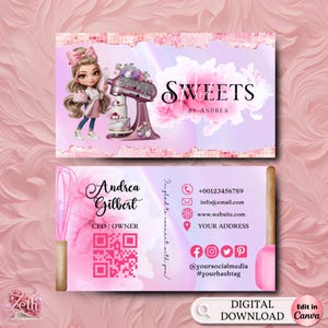 Chibi Girl Bäckerei Visitenkartenvorlage, DIY benutzerdefinierte Visitenkarte, bearbeitbares druckbares Visitenkartendesign, rosa Kuchen behandelt Bäckerei Karte