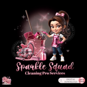 May include: A pink and white cartoon illustration of a girl holding a bucket of cleaning supplies. The text "Sparkle Squad Cleaning Pro Services" is below the image.