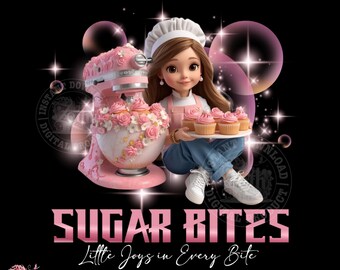 Op de afbeelding: Een digitale downloadafbeelding met een cartoon bakker met een roze keukenmixer en cupcakes. De afbeelding bevat de tekst "SUGAR BITES" en "Little Joys in Every Bite". De bakker draagt een koksmuts, schort en jeans.