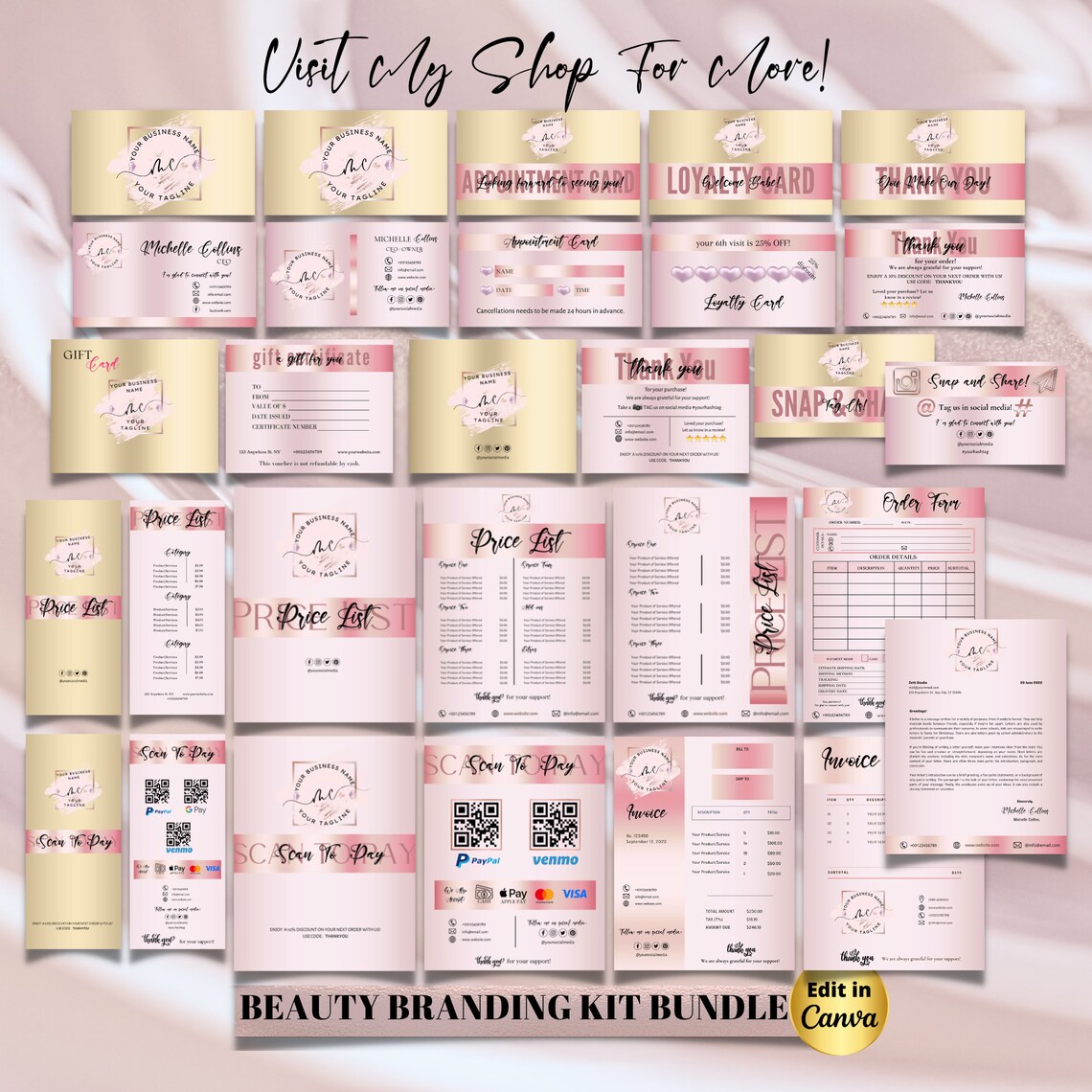 Editable Pink Glitter Business Card Template Pink Sparkle Etsy