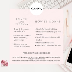 May include: A pink and white graphic with the text "CANVA" in a white circle. The text "EASY TO EDIT IN CANVA" is in black text. The text "HOW IT WORKS" is in black text. A list of steps to edit a template in Canva is provided. The text "FREE: CANVA BASIC GUIDELINES" is in black text. The text "THESE TEMPLATES CAN BE ACCESSED THROUGH ANY: DESKTOP/MAC/TABLET/SMARTPHONE***RECOMMEND TO USE DESKTOP/LAPTOP FOR A BETTER SUPPORT***" is in black text.