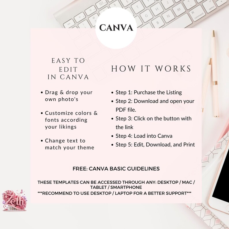May include: A pink and white graphic with the text "CANVA" in a white circle. The text "EASY TO EDIT IN CANVA" is in black text. The text "HOW IT WORKS" is in black text. A list of steps to edit a template in Canva is provided. The text "FREE: CANVA BASIC GUIDELINES" is in black text. The text "THESE TEMPLATES CAN BE ACCESSED THROUGH ANY: DESKTOP/MAC/TABLET/SMARTPHONE***RECOMMEND TO USE DESKTOP/LAPTOP FOR A BETTER SUPPORT***" is in black text.