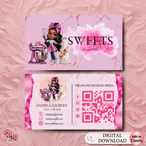 Chibi Girl Baker Bakery Business Card Template, Pink DIY Custom Cake Business Card, Editable Printable Business Card Design Cake Treats Card