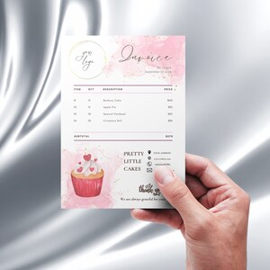 May include: A pink and white invoice with a watercolor background. The invoice is for Pretty Little Cakes and includes a list of items, quantities, descriptions, and prices. The total is $270. The invoice also includes a thank you message and contact information for the bakery.