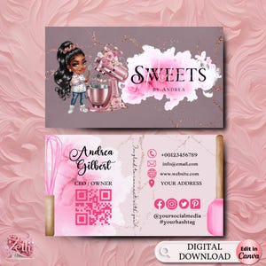 Rosa Bäckerei Visitenkarte Vorlage, DIY Benutzerdefinierte Kuchen Visitenkarte Bearbeitbare druckbare Visitenkarte Design Kuchen African American Bakery Card