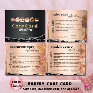 BAKERY Care Card, Editable Canva Template, Wedding Macarons Care Cards, Printable Care Guide, Cake Cookies Instructions , Instant Download