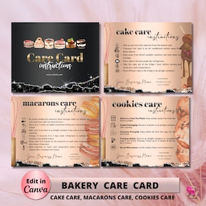 BAKERY Care Card, Editable Canva Template, Wedding Macarons Care Cards, Printable Care Guide, Cake Cookies Instructions , Instant Download