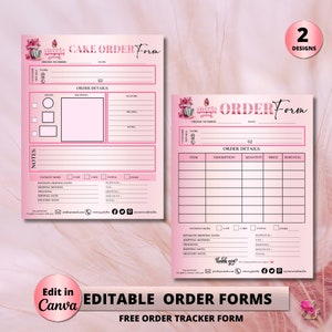 May include: Two pink and white printable order forms for a bakery or cake shop. The first form is for cake orders and includes fields for customer details, order number, date, shape, drawing, flavor, filling, and ring. The second form is for general orders and includes fields for item, description, quantity, price, and subtotal. Both forms include fields for payment method, estimated shipping date, shipping method, tracking, shipping date, and delivery date.