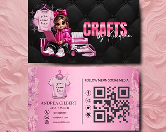 Pink Crafting Business Card Design, Crafter Logo T-shirt Business Card, Heat Press Card, DIY Business Card, T-shirt Tumbler Maker Card Canva