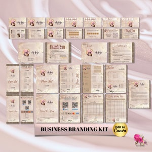May include: A business branding kit with a pink and gold color scheme. The kit includes a variety of templates for social media, price lists, gift certificates, loyalty cards, and more. The kit is designed to help businesses create a cohesive brand identity.