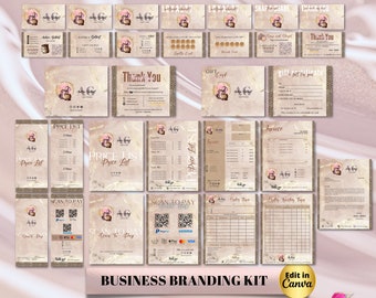 May include: A business branding kit with a pink and gold color scheme. The kit includes a variety of templates for social media, price lists, gift certificates, loyalty cards, and more. The kit is designed to help businesses create a cohesive brand identity.