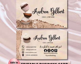 May include: Two business cards with a light beige background and gold accents. The cards feature the name "Andrea Gilbert" and the text "CEO / OWNER". One card has stacked cupcakes, the other has contact info. Text: "Edit in Canva", "EDITABLE BUSINESS CARD (FREE Thank You Card)".