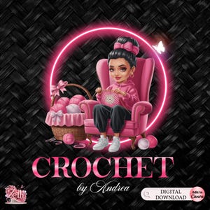 Logotipo de crochet rosa brillante, logotipo de hilo, logotipo de crochet personalizado y elegante, logotipo hecho a mano, logotipo de tejido, logotipo moderno, logotipo de artesanía, edición de Canva