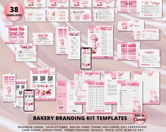 Op de afbeelding: Een roze en witte bakkerij branding kit sjabloon met 38 verschillende ontwerpen. De sjablonen omvatten visitekaartjes, loyaliteitskaarten, sociale kaarten, bedankkaartjes, cadeaubonnen, zorgkaarten, bestelformulieren, besteltrackers, facturen, prijslijsten, scan om te betalen, briefhoofden, dagplanners en notities. De sjablonen zijn bewerkbaar in Canva.