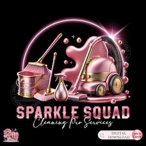 Logotipo de limpieza, logotipo de servicio de limpieza, logotipo de empresa de limpieza. Señora de la limpieza, remodelación de casas, logotipo de Sparkle Squad, diseño editable en Canva rosa.