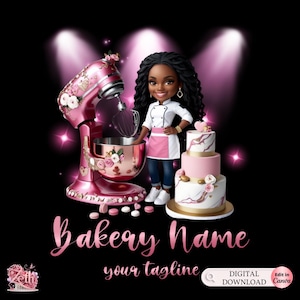Chibi Black Hair Girl Bäckerei Logo, Backlogo, Stilvolles benutzerdefiniertes Gebäcklogo, Kuchenlogo, Cupcake-Logo, modernes Logo, Bakeshop-professionelles Logo