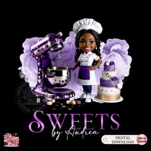 Süßwarenbäckerei-Logo, schwarzes Haar, Kuchen Backen-Mädchen-Logo, Kuchen-Catering, Konditorei-Logo, Cupcake-Business, bearbeitbare Canva-Kuchen-Logo-Vorlage