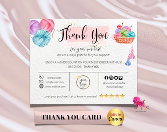 Crochet Thank You Business Cards for Small Business Editable Canva Template Editable Thank You For Order, Craft Yarn Knitting Business