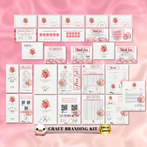 May include: A craft branding kit with a pink and white color scheme. The kit includes a price list, loyalty cards, thank you cards, gift certificates, scan to pay cards, order forms, and invoices. The kit features a pink and white yarn ball with a needle and thread design.