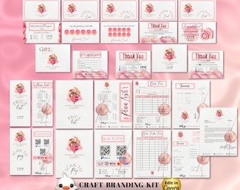 May include: A craft branding kit with a pink and white color scheme. The kit includes a price list, loyalty cards, thank you cards, gift certificates, scan to pay cards, order forms, and invoices. The kit features a pink and white yarn ball with a needle and thread design.