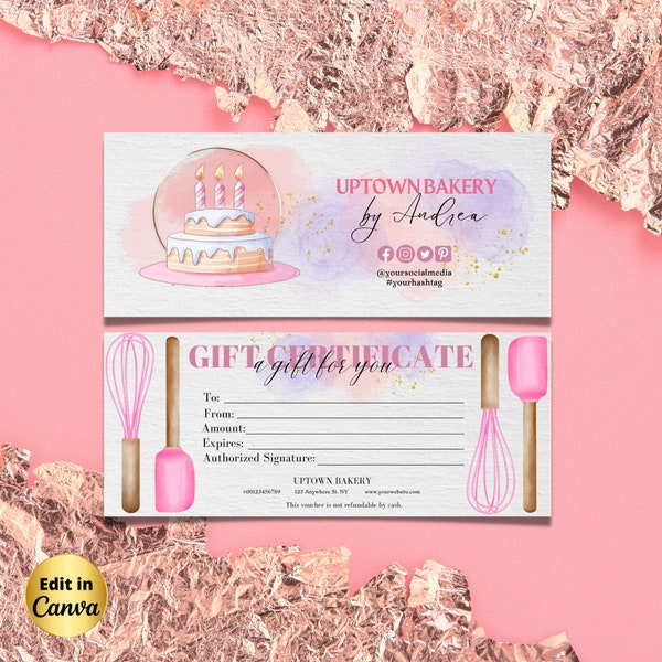 Pink EDITABLE Gift Certificate Template Feminine Printable Gift Voucher Design Gift Certificate Bakery Custom Cake Pastry Wedding Gift card