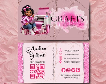 Pink Crafting Business Card Design, Crafter Logo T-shirt Business Card, Heat Press Card, DIY Business Card, T-shirt Tumbler Maker Card Canva