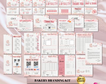 Op de afbeelding: Een roze en witte brandingkit voor bakkerijen met bloemmotieven. De kit bevat een prijslijst, bestelformulieren, bedankkaartjes, cadeaubonnen, loyaliteitskaarten en meer. De tekst "Bakery Branding Kit" staat onderaan de afbeelding.