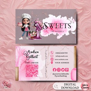 Pink Smoke Bakery-sjabloon voor visitekaartjes, DIY custom cake-visitekaartje, bewerkbaar afdrukbaar visitekaartjeontwerp, visitekaartje cake traktaties