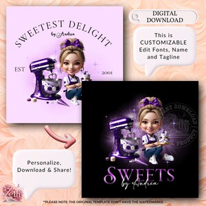 K&ouml;nnte beinhalten: Digitaler Download mit einer Cartoon-Illustration einer Frau mit lila Schleife, Sch&uuml;rze und K&uuml;chenmaschine. Der Text lautet "Sweetest Delight by Andrea" und "Sweets by Andrea". Enth&auml;lt den Text "Personalisieren, herunterladen und teilen!"
