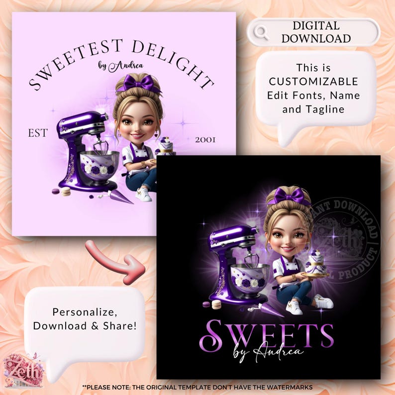 K&ouml;nnte beinhalten: Digitaler Download mit einer Cartoon-Illustration einer Frau mit lila Schleife, Sch&uuml;rze und K&uuml;chenmaschine. Der Text lautet "Sweetest Delight by Andrea" und "Sweets by Andrea". Enth&auml;lt den Text "Personalisieren, herunterladen und teilen!"