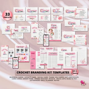 May include: A crochet branding kit template set with 33 designs. The templates include business cards, loyalty cards, social cards, thank you cards, gift certificates, care cards, order forms, order trackers, invoices, price lists, scan to pay, letterheads, daily planners, and notes. The templates feature a pink and white color scheme with watercolor illustrations of flowers and yarn.