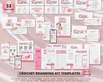 May include: A crochet branding kit template set with 33 designs. The templates include business cards, loyalty cards, social cards, thank you cards, gift certificates, care cards, order forms, order trackers, invoices, price lists, scan to pay, letterheads, daily planners, and notes. The templates feature a pink and white color scheme with watercolor illustrations of flowers and yarn.