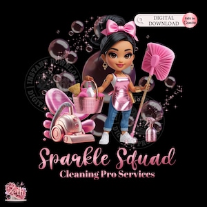 Puede incluir: Gráfico digital con un personaje de dibujos animados con un lazo rosa y un delantal, rodeado de herramientas de limpieza. La imagen incluye una aspiradora, un pulverizador y una cesta. El texto dice "Sparkle Squad Cleaning Pro Services."