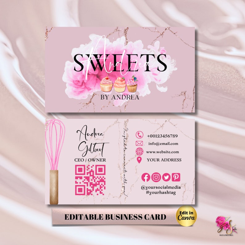 MODERN Pink Smoke Bakery Business Card Template DIY Custom Cake Business Card Editable Printable Business Card Design Cake Business Card image 1