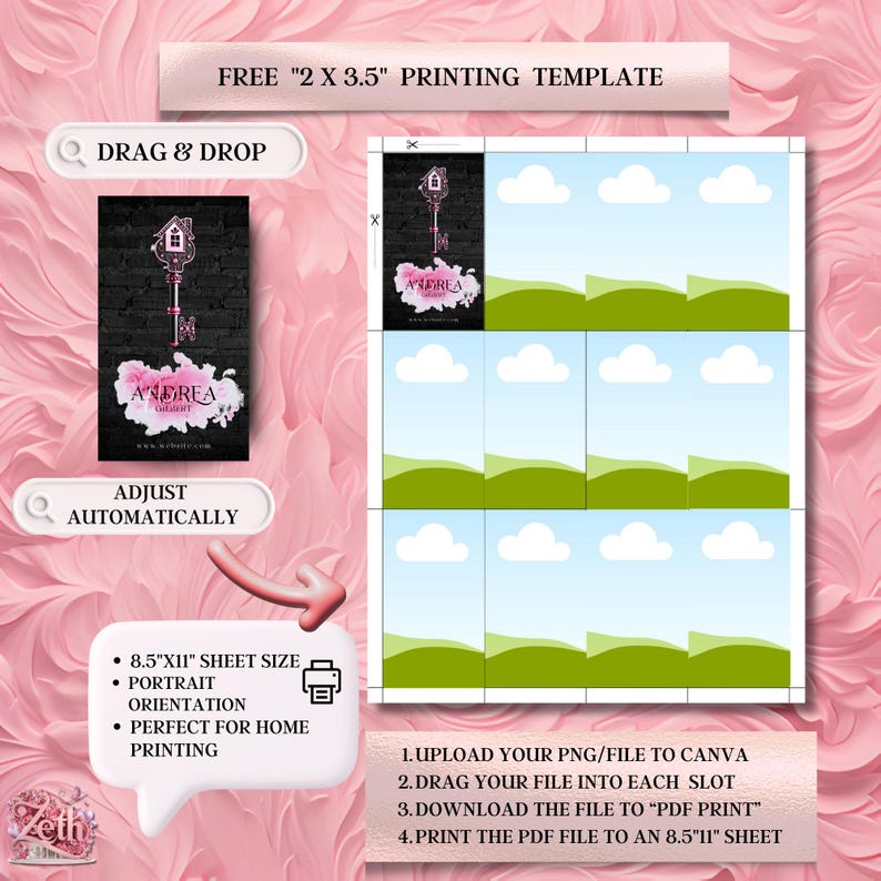 May include: A printable template for creating 2 x 3.5 inch cards. The template features a design with a key and a green and blue landscape. The text "FREE "2 X 3.5" PRINTING TEMPLATE" is at the top of the image. The text "DRAG & DROP" is in a magnifying glass icon. The text "ADJUST AUTOMATICALLY" is in a magnifying glass icon. The text "8.5"X11" SHEET SIZE" is in a black box with a printer icon. The text "PORTRAIT ORIENTATION" is in a black box. The text "PERFECT FOR HOME PRINTING" is in a black box. The text "UPLOAD YOUR PNG/FILE TO CANVA" is in a black box. The text "DRAG YOUR FILE INTO EACH SLOT" is in a black box. The text "DOWNLOAD THE FILE TO "PDF PRINT"" is in a black box. The text "PRINT THE PDF FILE TO AN 8.5"X11" SHEET" is in a black box.
