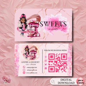 Chibi Girl Baker Bakery Business Card Template, Pink DIY Custom Cake Business Card, Editable Printable Business Card Design Cake Treats Card